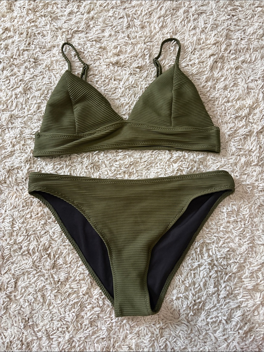 Ribbed Olive Triangle Bikini Set - Women Swim